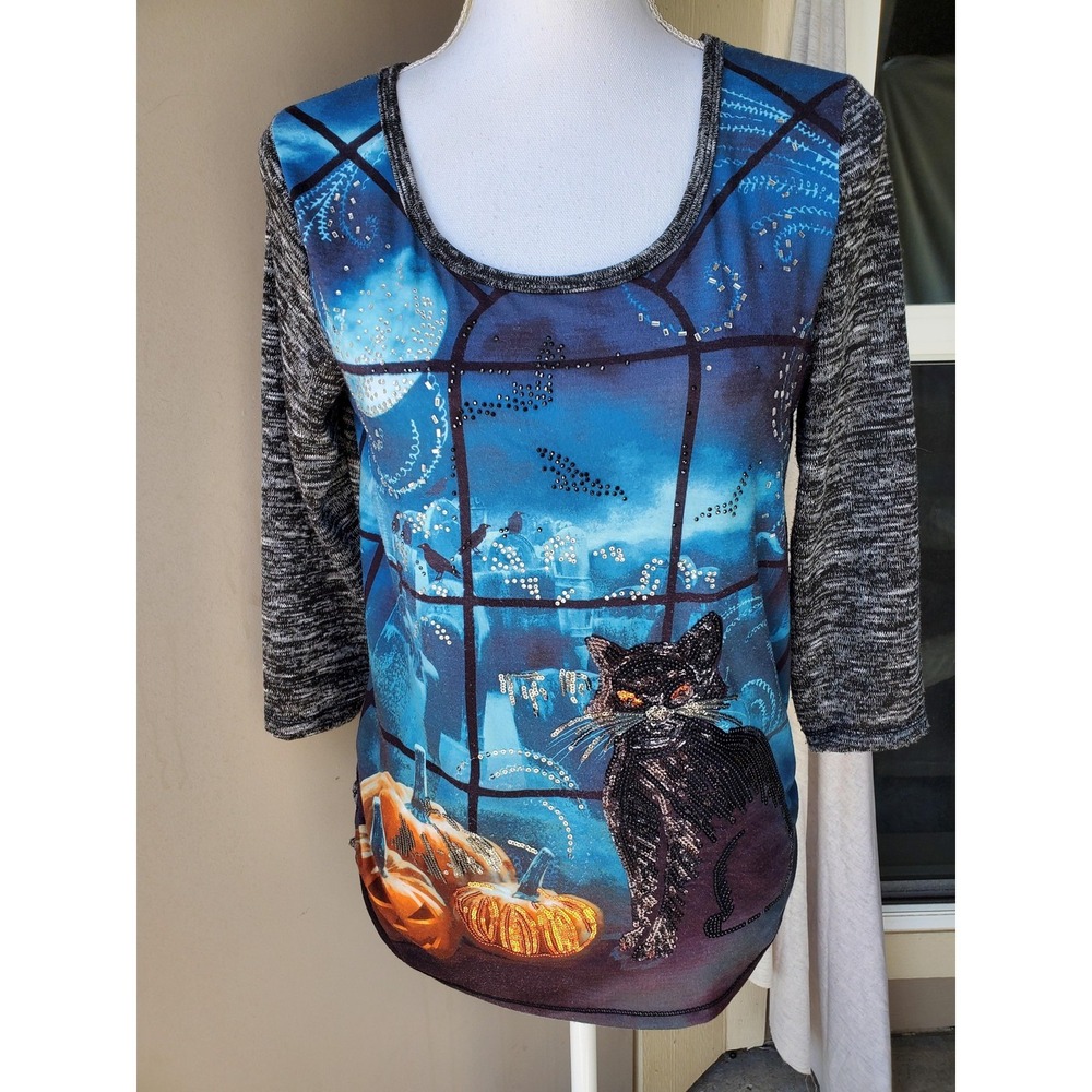 Thomas & Olivia Shirt Womens Small Black Blue Halloween Cat Pumpkins Rhinestone